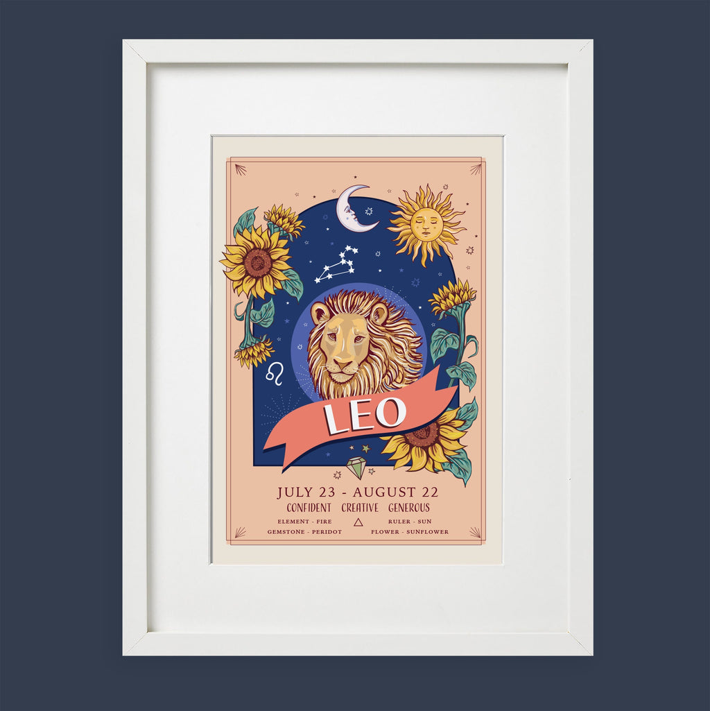 Leo Wall Art Print, Zodiac Sign and Flowers Illustration Print