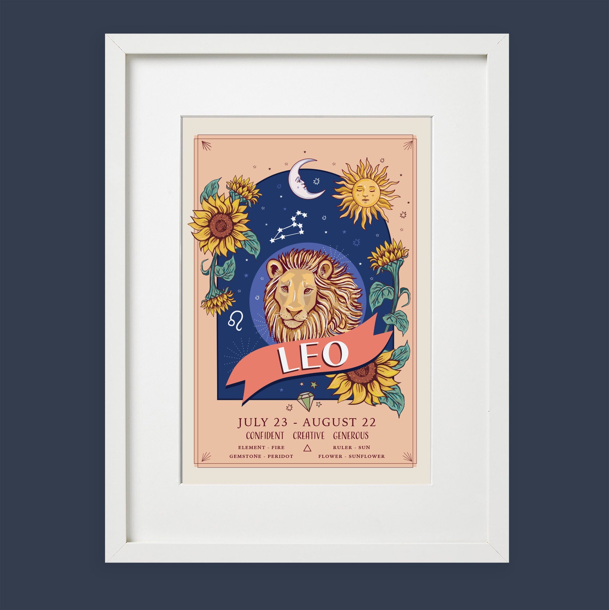 Leo Wall Art Print, Zodiac Sign and Flowers Illustration Print