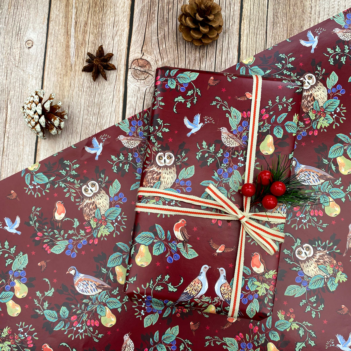 Seasons Tweetings on Burgundy Christmas Gift Wrap Pack of 2