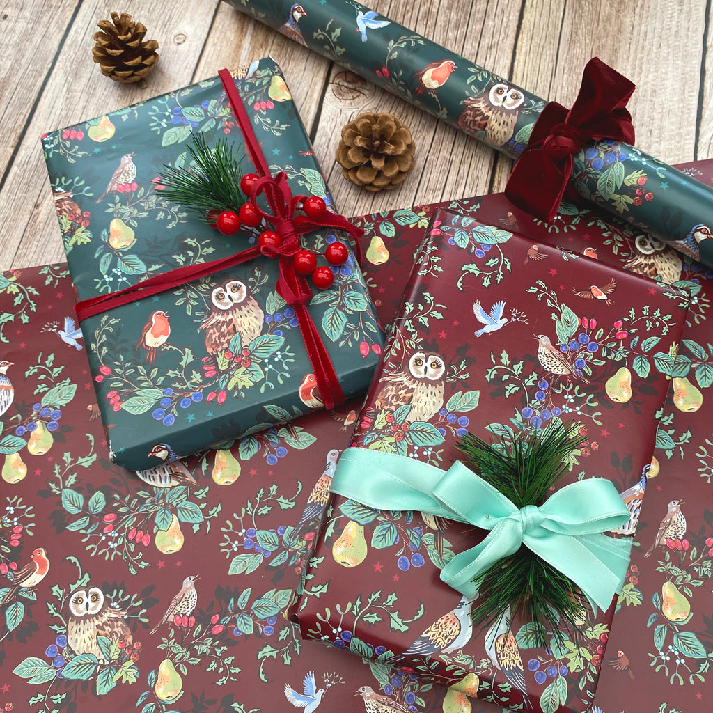 Seasons Tweetings on Burgundy Christmas Gift Wrap Pack of 2