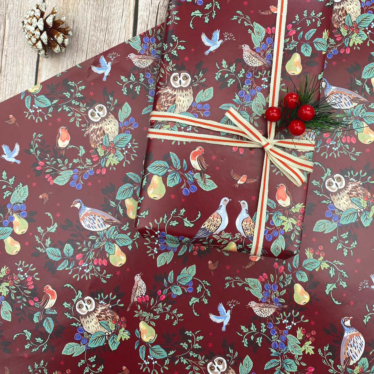 Seasons Tweetings on Burgundy Christmas Gift Wrap Pack of 2