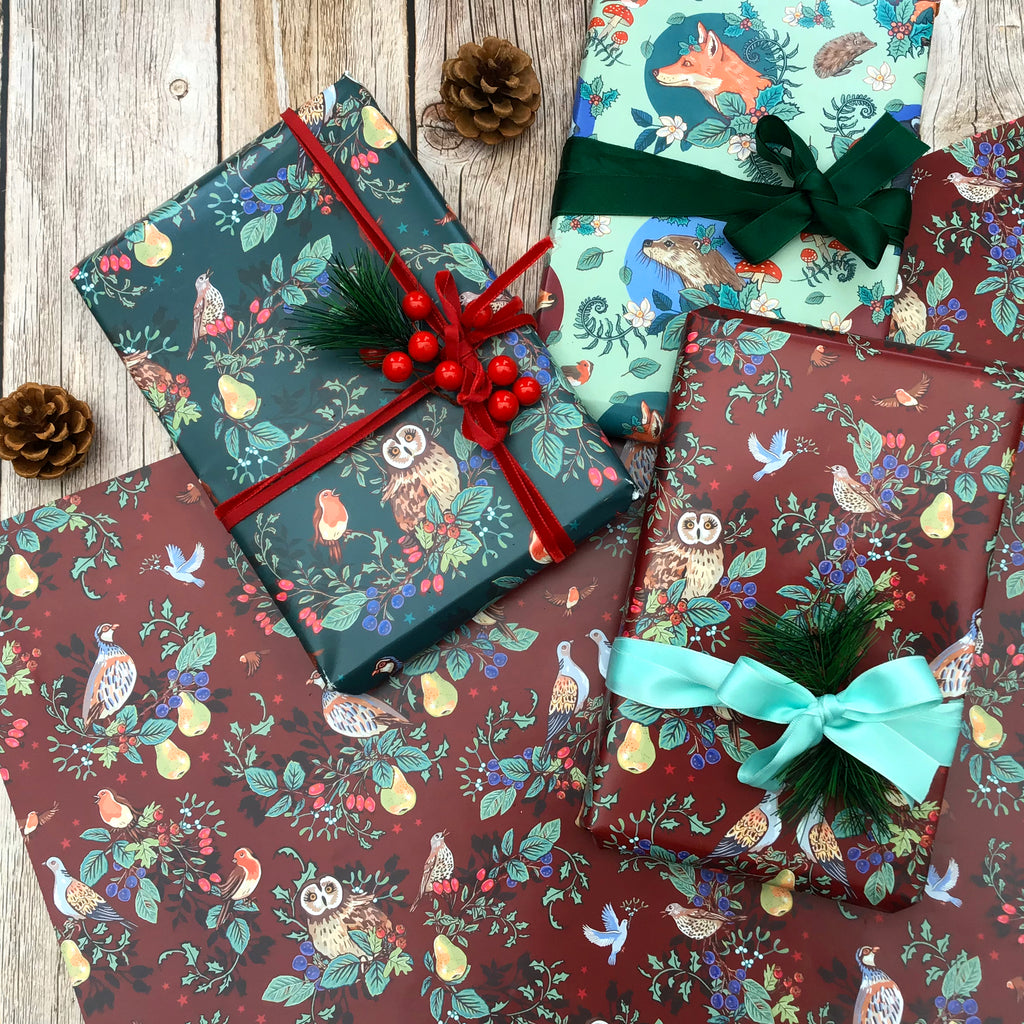 Seasons Tweetings on Burgundy Christmas Gift Wrap Pack of 2