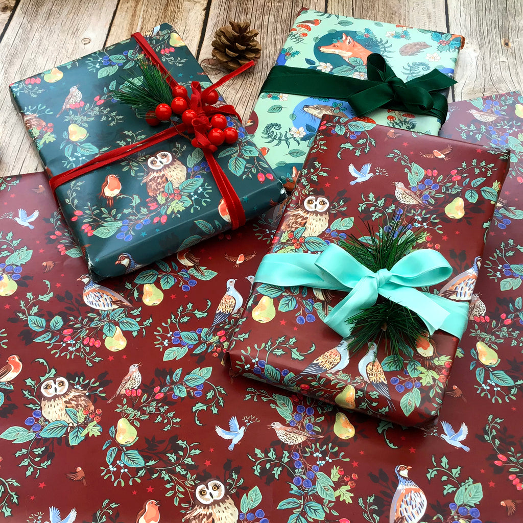 Seasons Tweetings on Burgundy Christmas Gift Wrap Pack of 2
