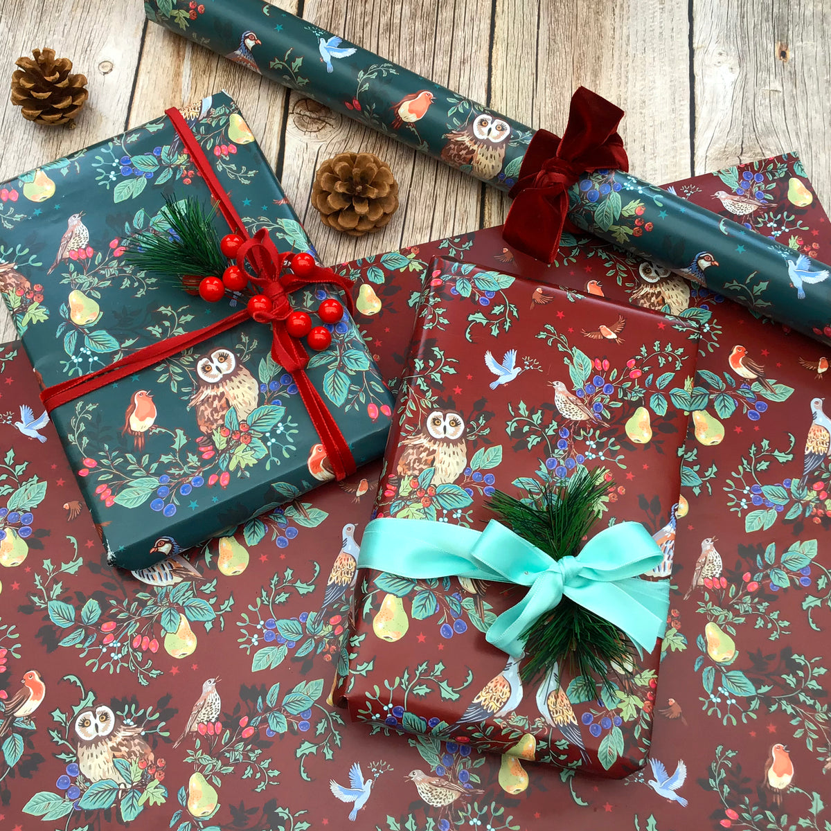 Seasons Tweetings on Burgundy Christmas Gift Wrap Pack of 2