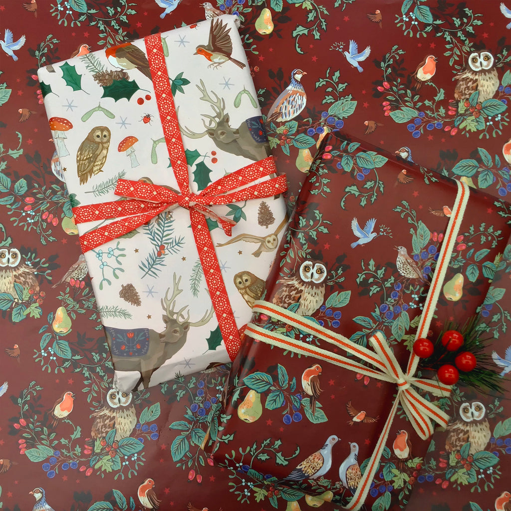 Seasons Tweetings on Burgundy Christmas Gift Wrap Pack of 2
