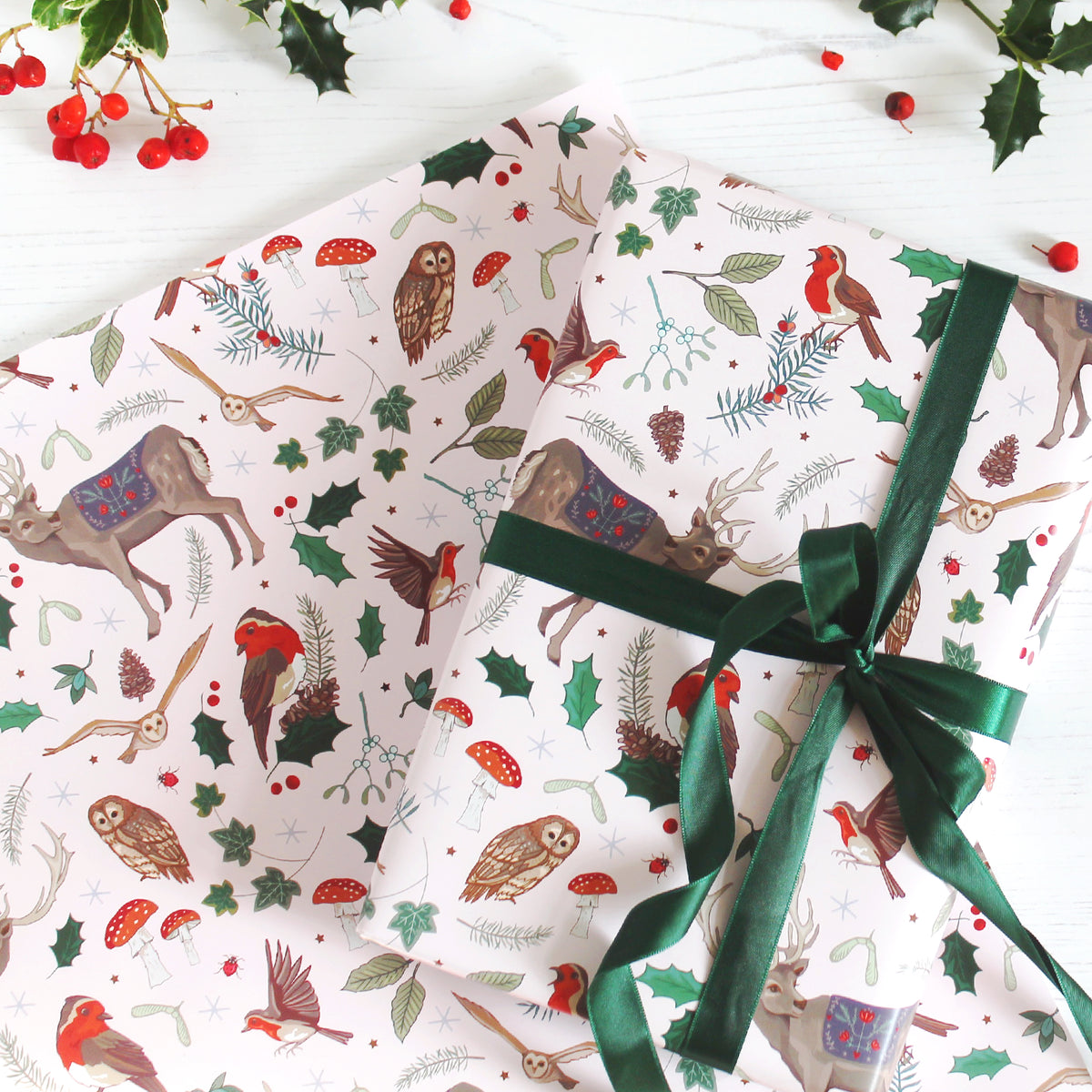 Festive Woodland Deer and Robins Christmas Gift Wrap Pack of 2