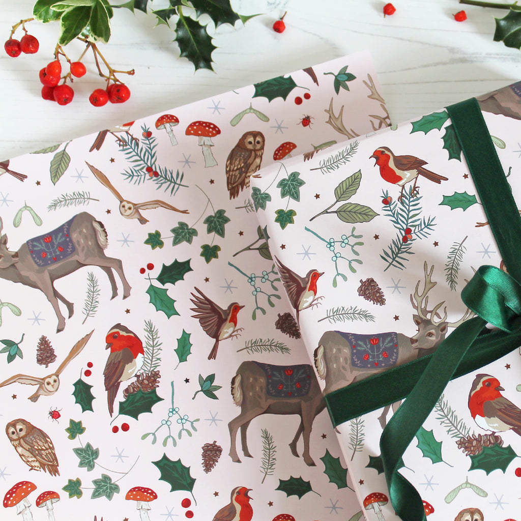 Festive Woodland Deer and Robins Christmas Gift Wrap Pack of 2