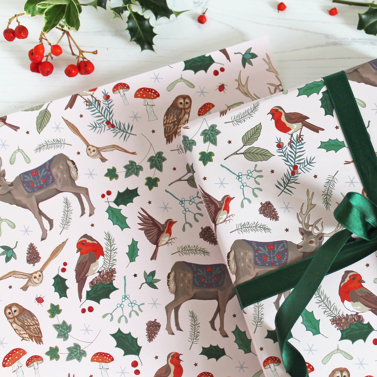 Festive Woodland Deer and Robins Christmas Gift Wrap Pack of 2
