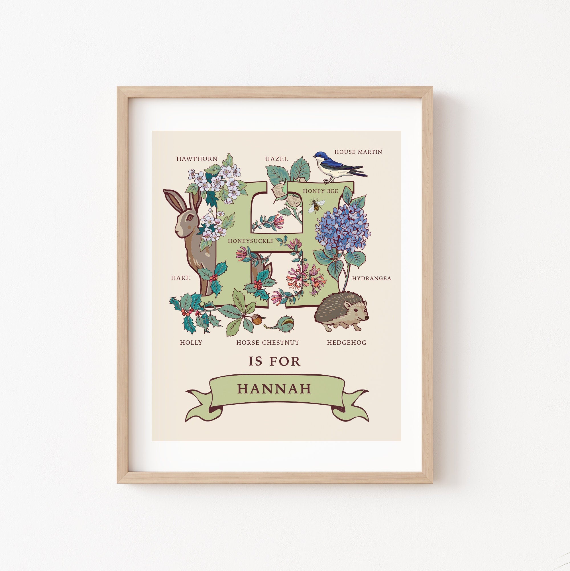 H - Personalised Letter H Print, Initial H Wall Art, Nature Guide Monogram Illustration