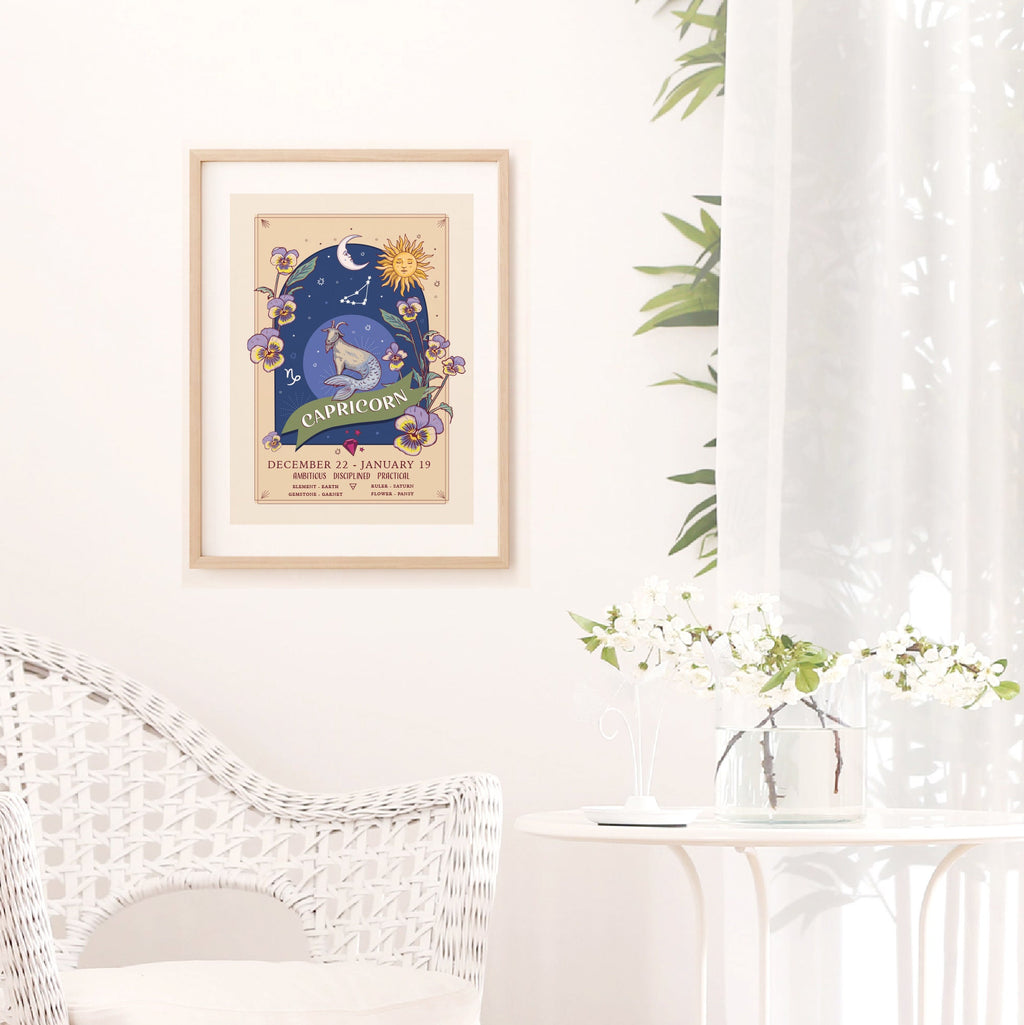 Capricorn Wall Art Print, Zodiac Sign and Flowers Illustration Print