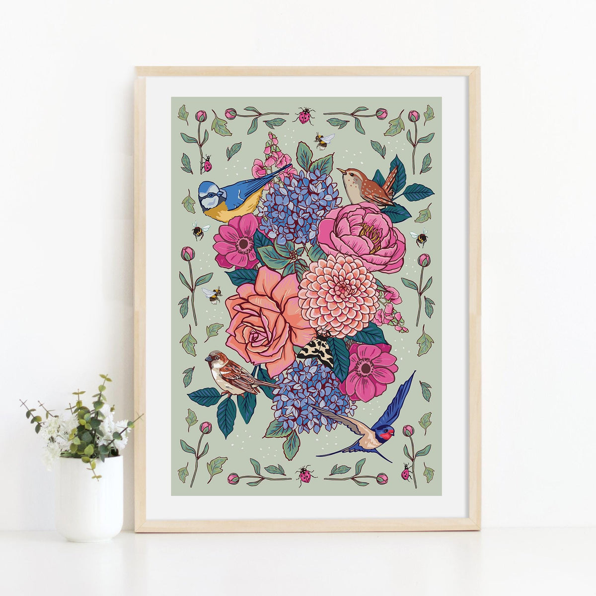 Summer Flowers and Birds Print, Bright Floral Cottage Core Wall Art