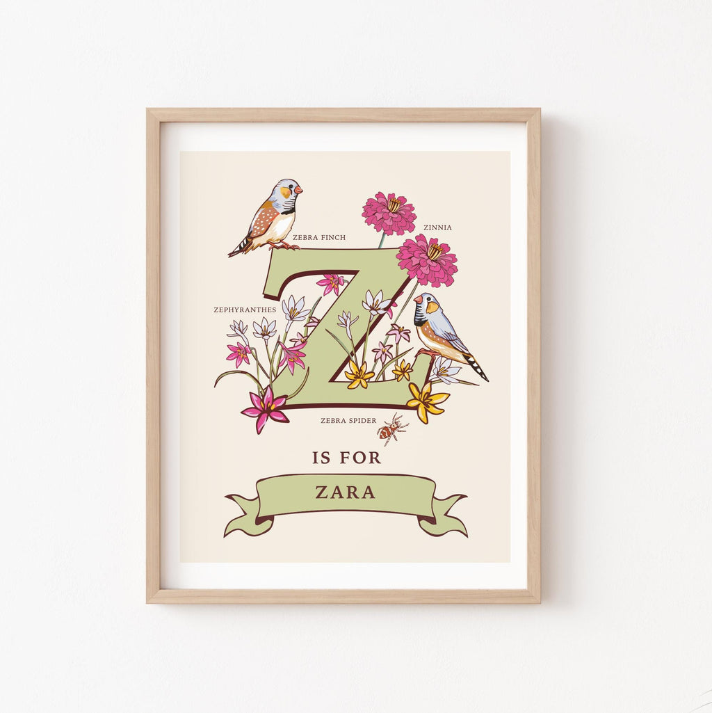 Z - Personalised Letter Z Print, Initial Z Wall Art, Nature Guide Monogram Illustration