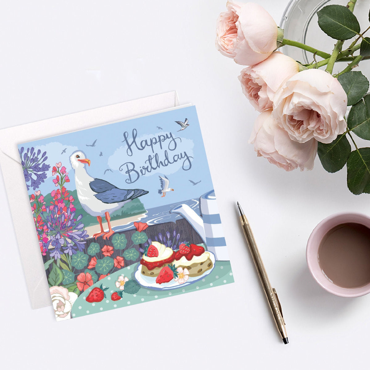 Seagull Cream Tea Birthday Card: Cornish/Devon Seaside Humor