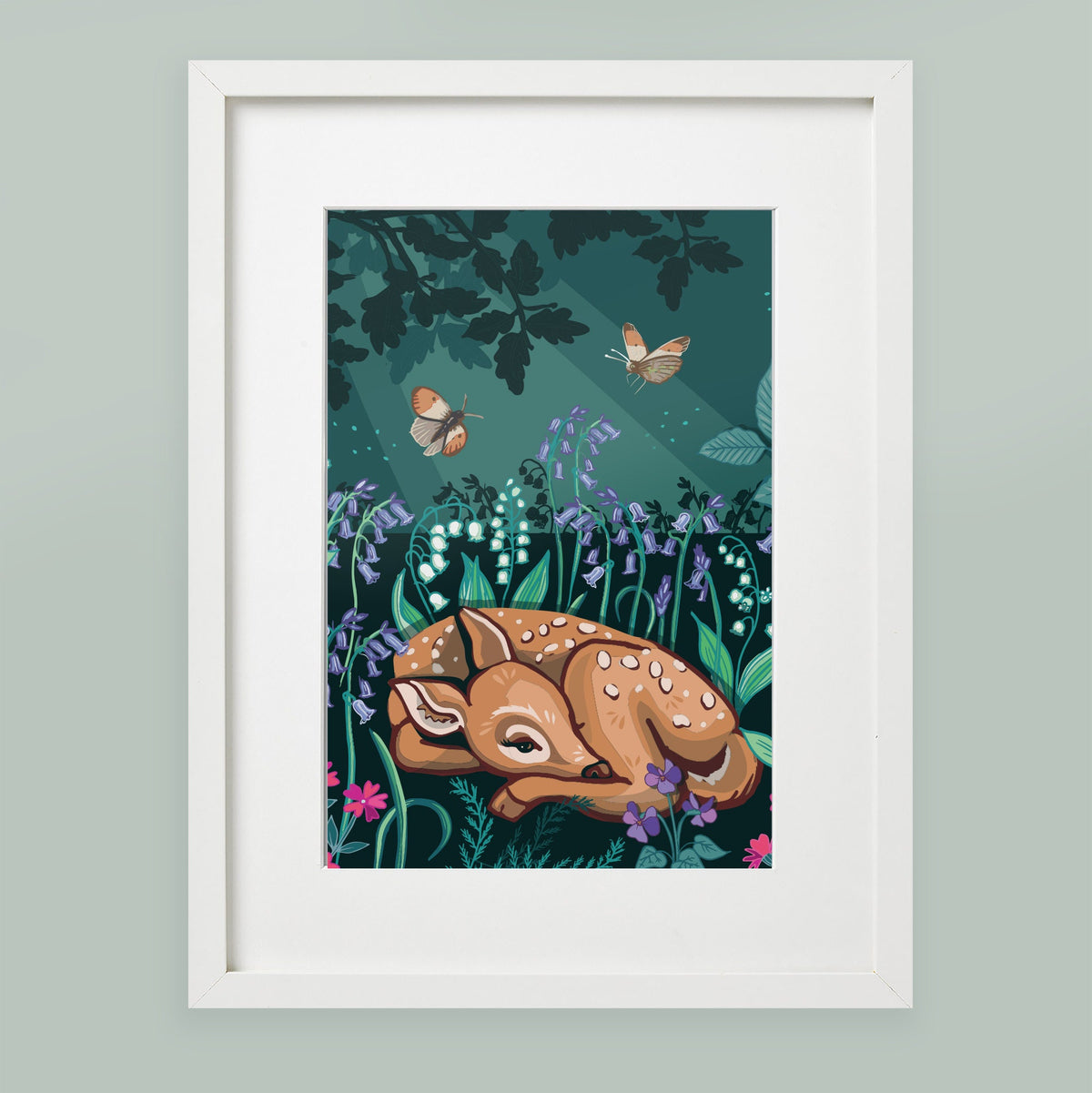 Sleepy Fawn Wall Art Print, Bluebell Woodland Animal Illustration Print