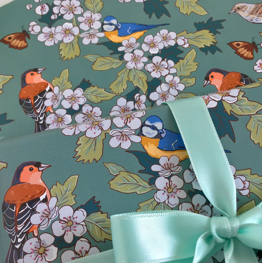 Hawthorn Blossom Gift Wrap, Hedgerow Birds Wrapping Paper