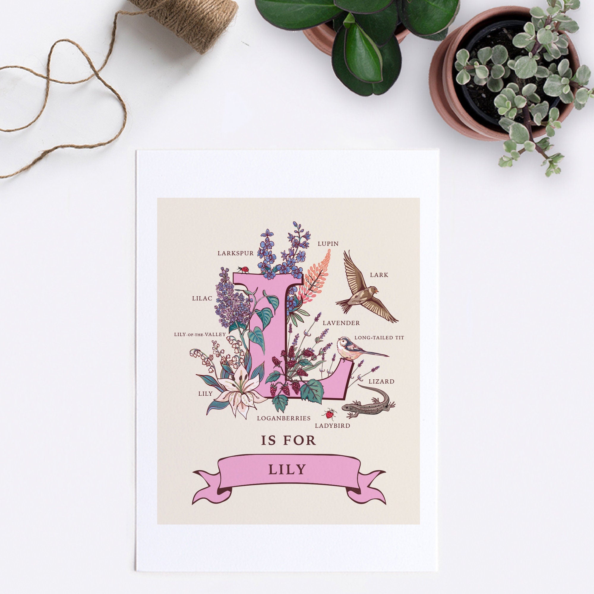L- Personalised Letter L Print, Initial L Wall Art, Nature Guide Monogram Illustration