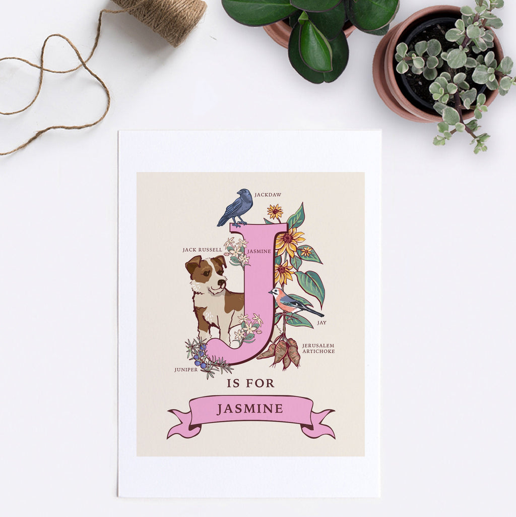 J - Personalised Letter J Print, Initial J Wall Art, Nature Guide Monogram Illustration