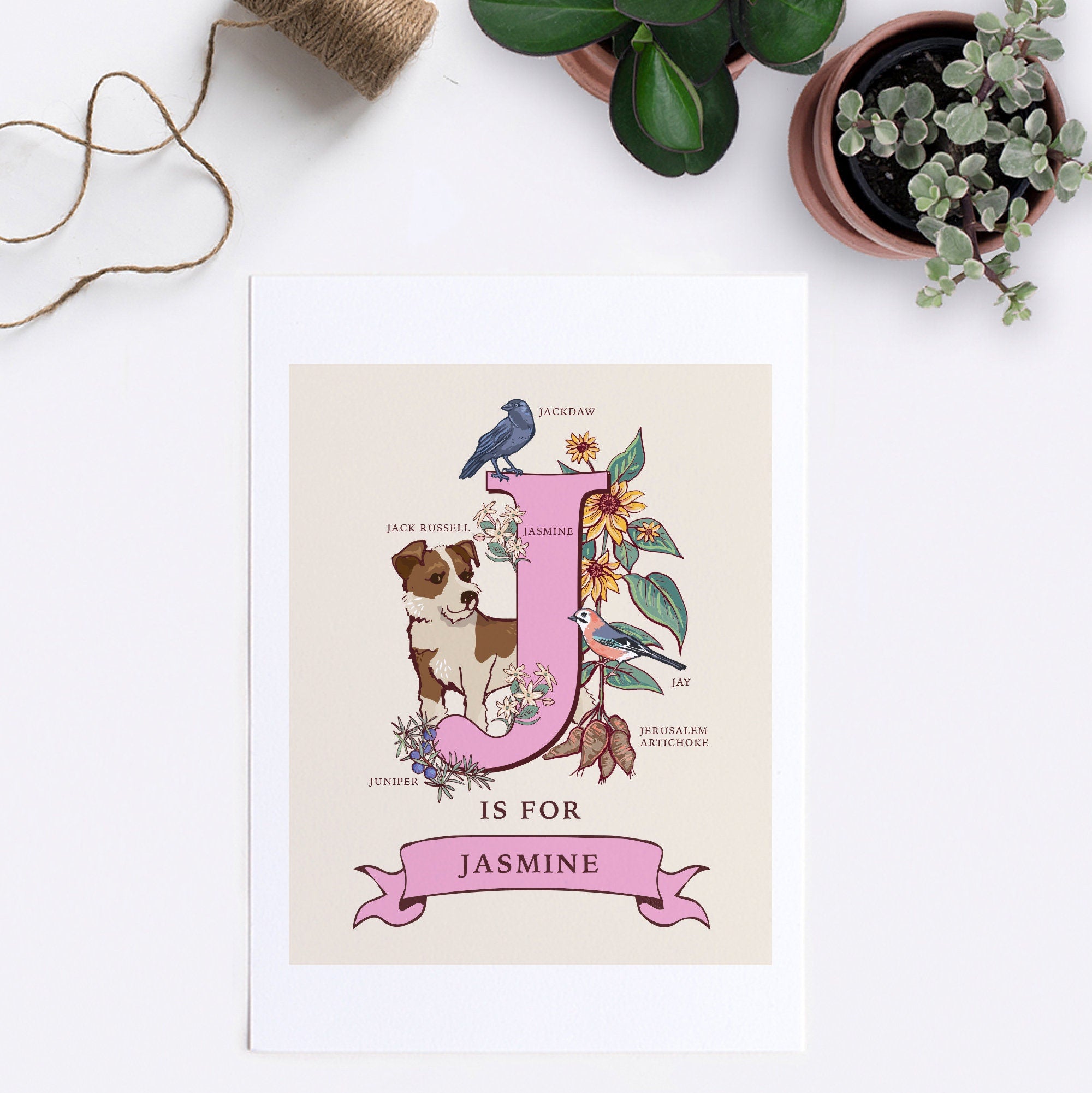 J - Personalised Letter J Print, Initial J Wall Art, Nature Guide Monogram Illustration
