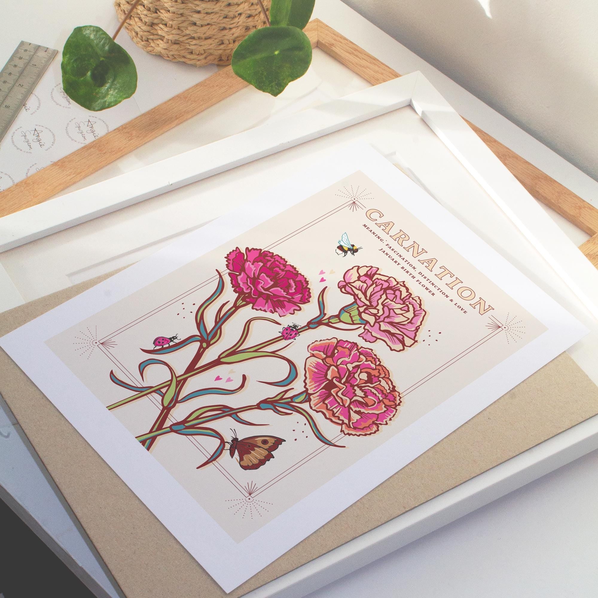 Carnations January Birth Flower Wall Art Print