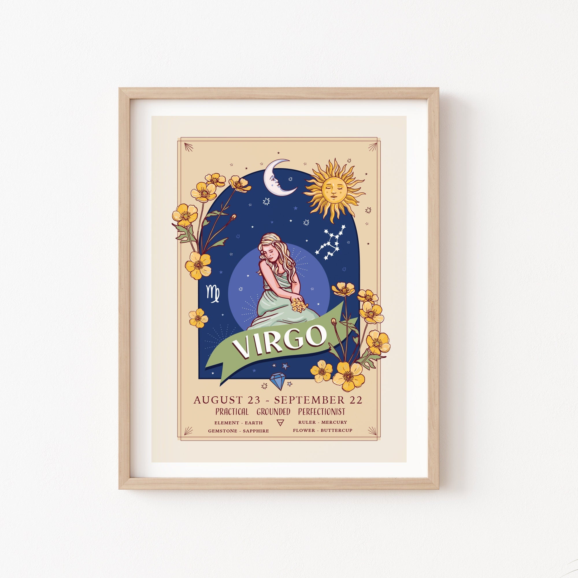 Virgo Wall Art Print, Zodiac Sign and Flowers Illustration Print