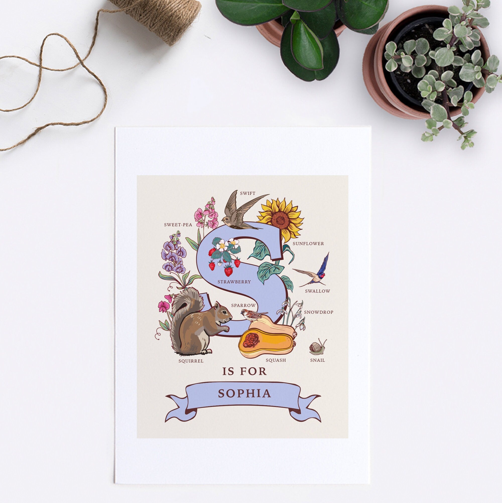 S - Personalised Letter S Print, Initial S Wall Art, Nature Guide Monogram Illustration