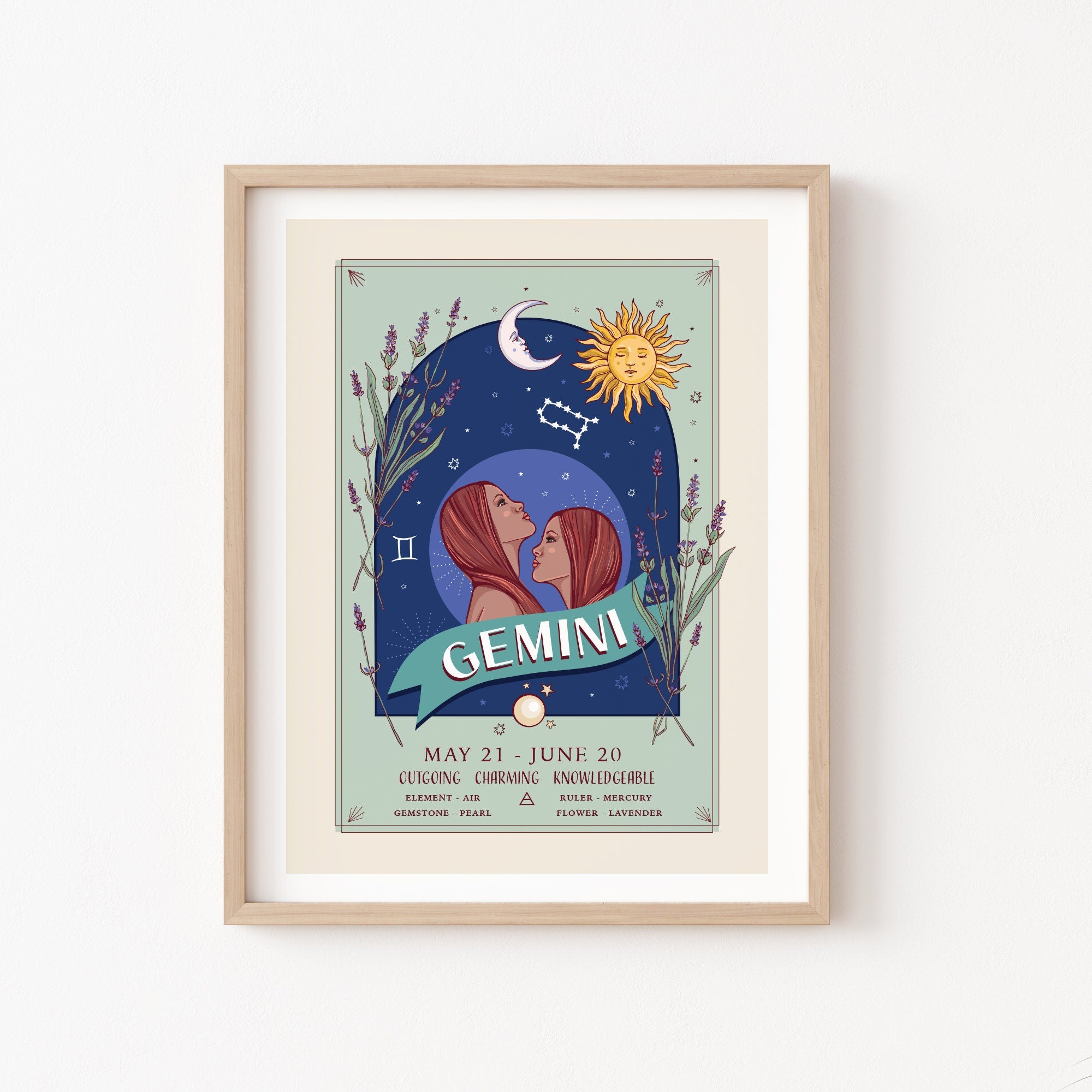Gemini Wall Art Print, Zodiac Sign and Flowers Illustration Print