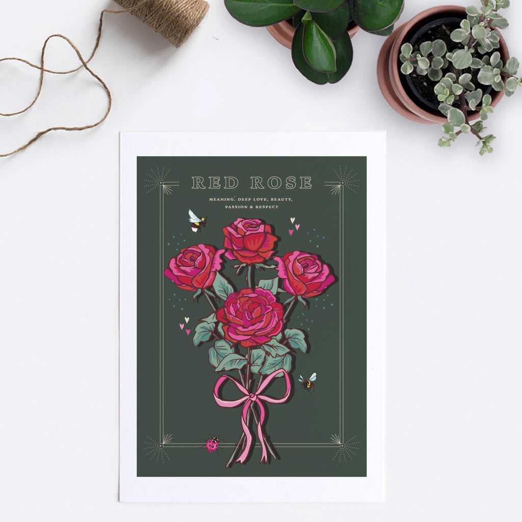 Red Rose Wall Art Print, Flower Meaning Illustration Print