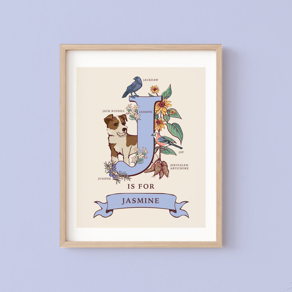J - Personalised Letter J Print, Initial J Wall Art, Nature Guide Monogram Illustration