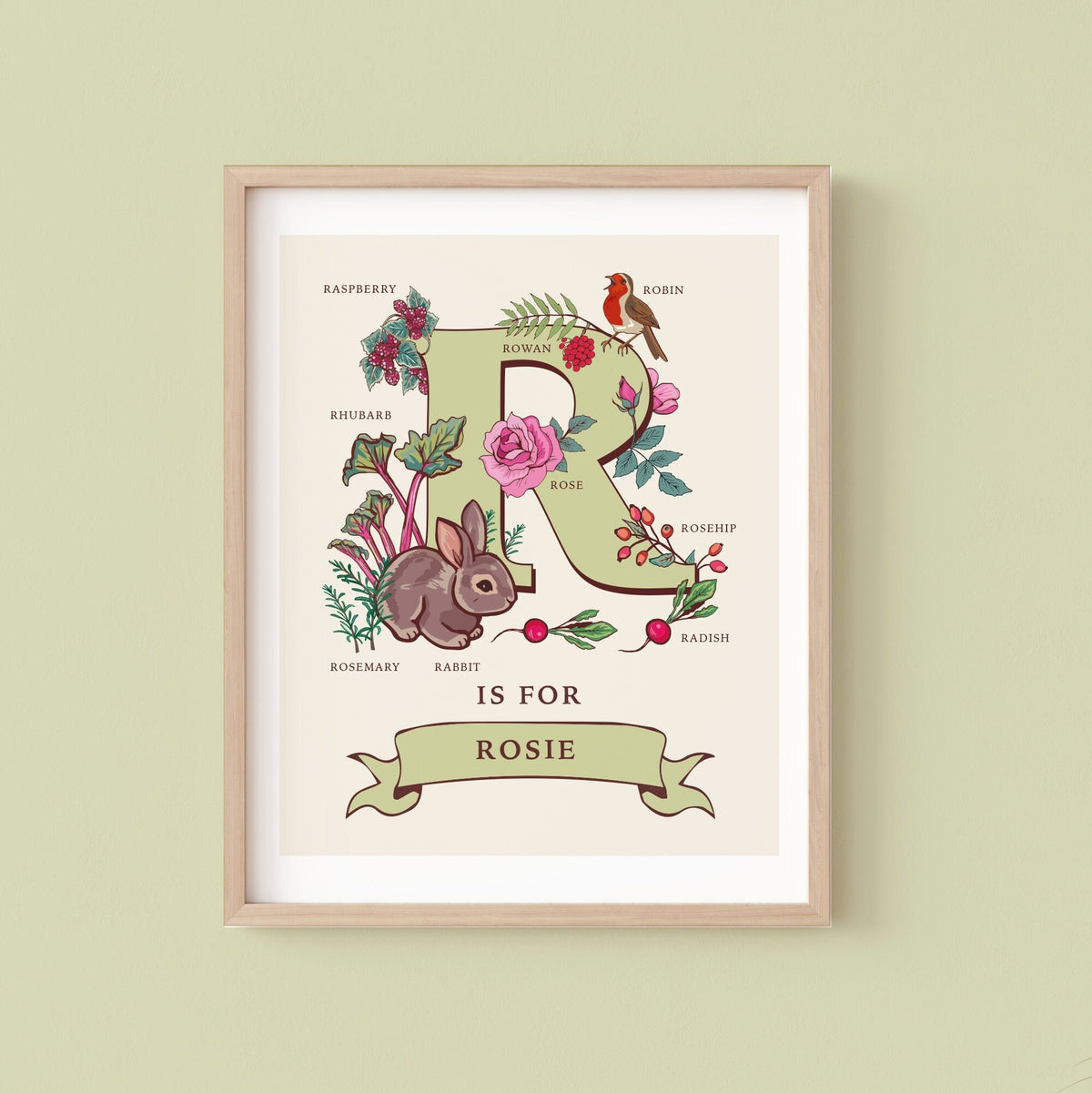 R - Personalised Letter R Print, Initial R Wall Art, Nature Guide Monogram Illustration