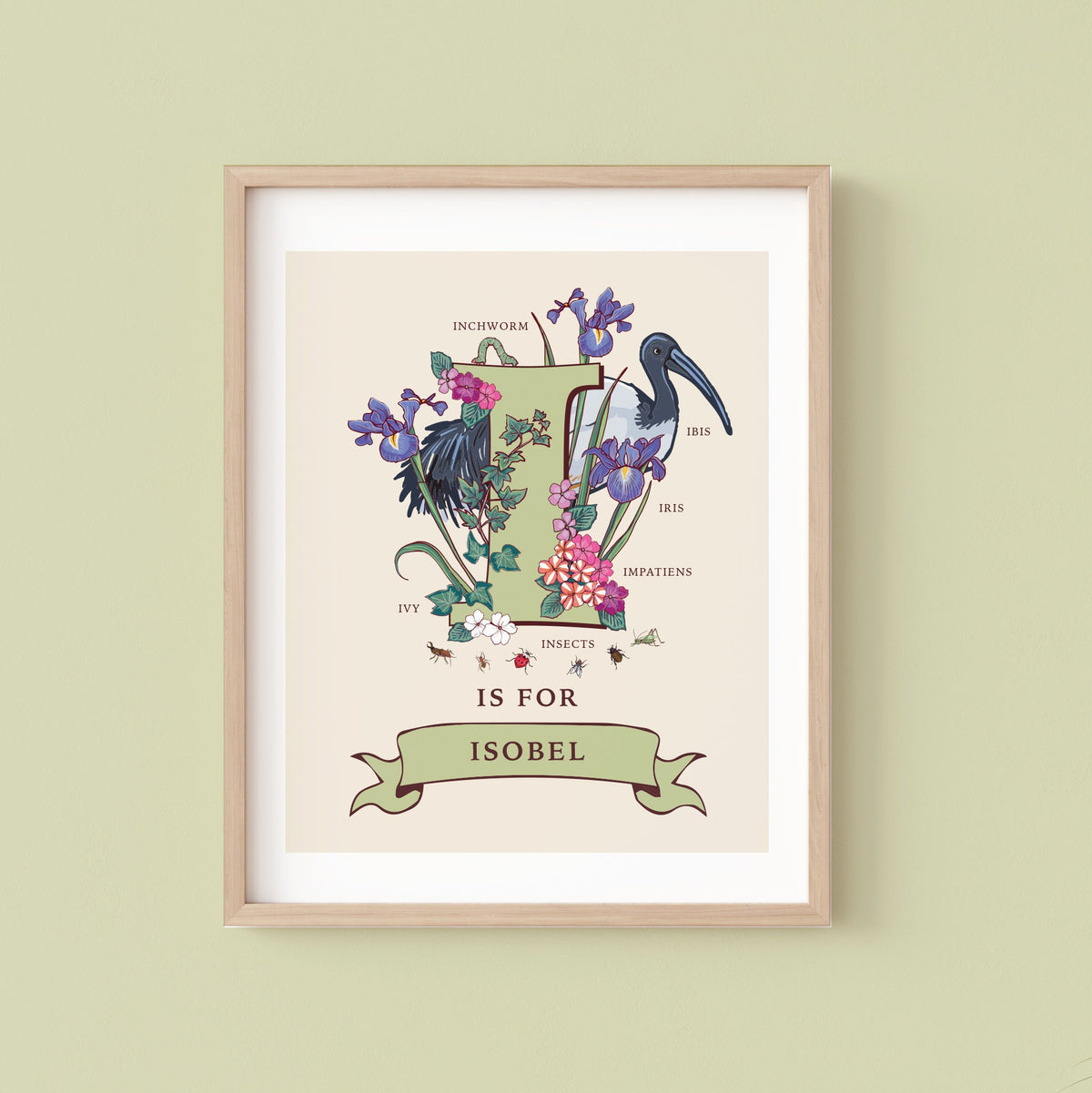 I - Personalised Letter I Print, Initial I Wall Art, Nature Guide Monogram Illustration