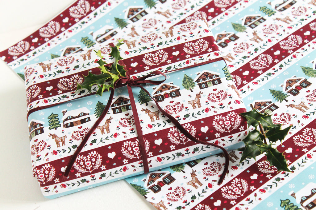 Lodges In The Snow Christmas Wrapping Paper pack of 2 sheets with tags