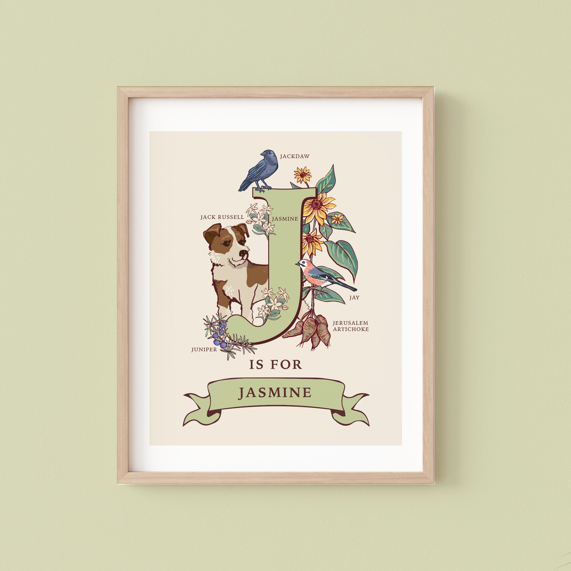 J - Personalised Letter J Print, Initial J Wall Art, Nature Guide Monogram Illustration