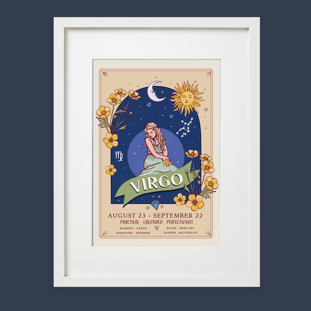 Virgo Wall Art Print, Zodiac Sign and Flowers Illustration Print