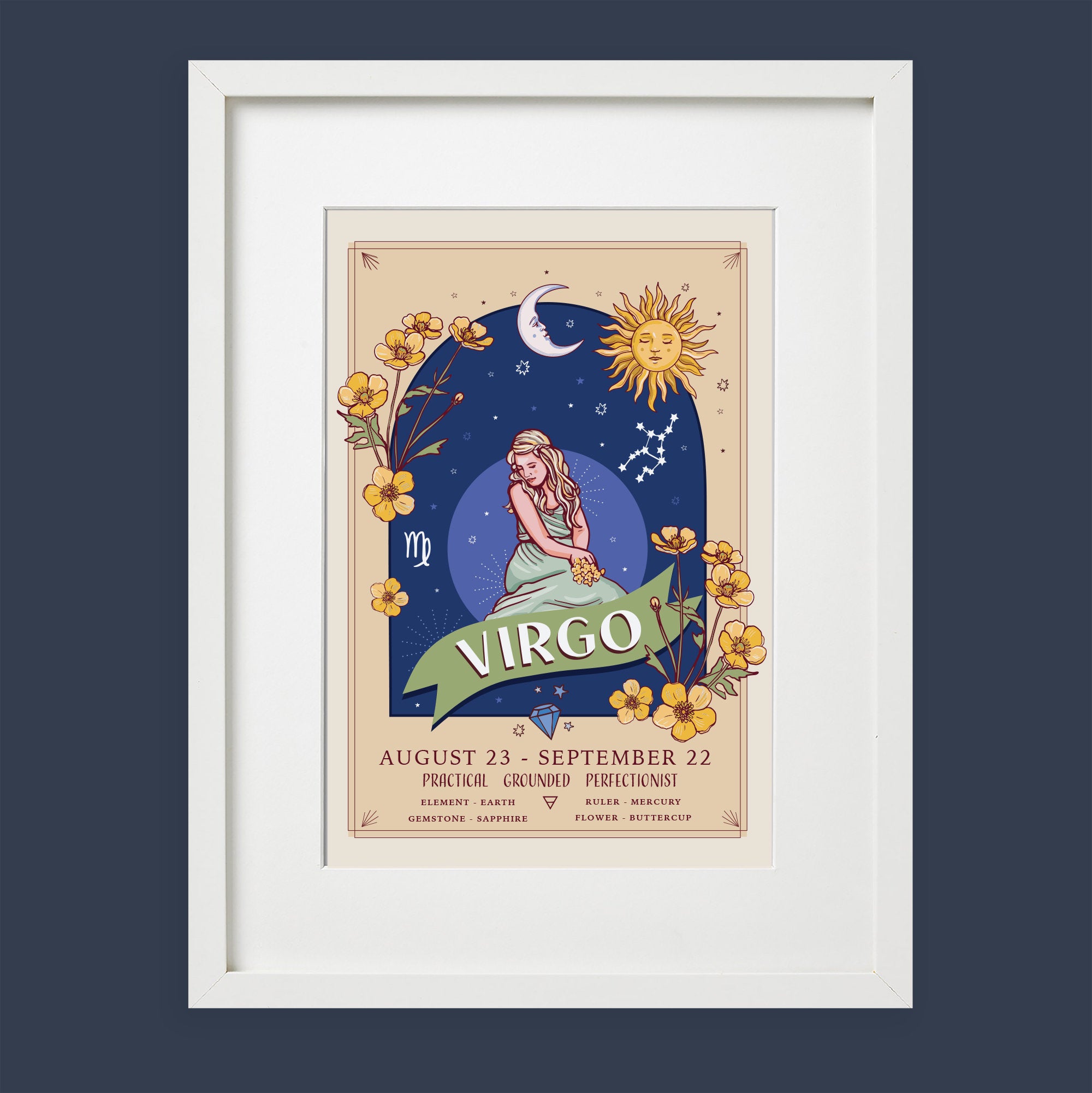 Virgo Wall Art Print, Zodiac Sign and Flowers Illustration Print