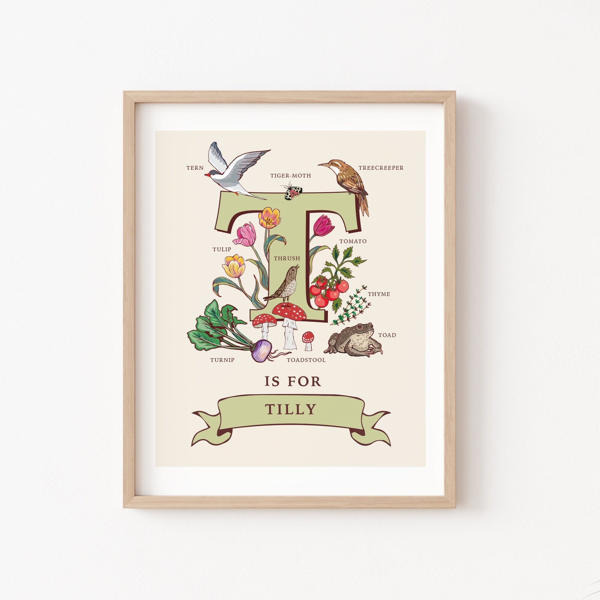T - Personalised Letter T Print, Initial T Wall Art, Nature Guide Monogram Illustration