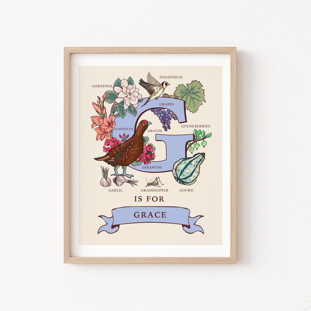 G - Personalised Letter G Print, Initial G Wall Art, Nature Guide Monogram Illustration
