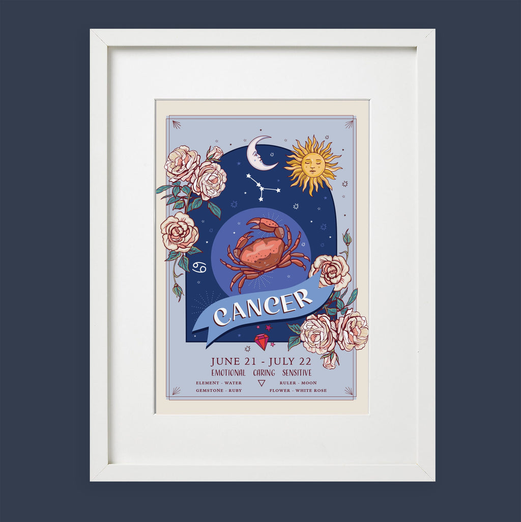 Cancer Wall Art Print, Zodiac Sign and Flowers Illustration Print