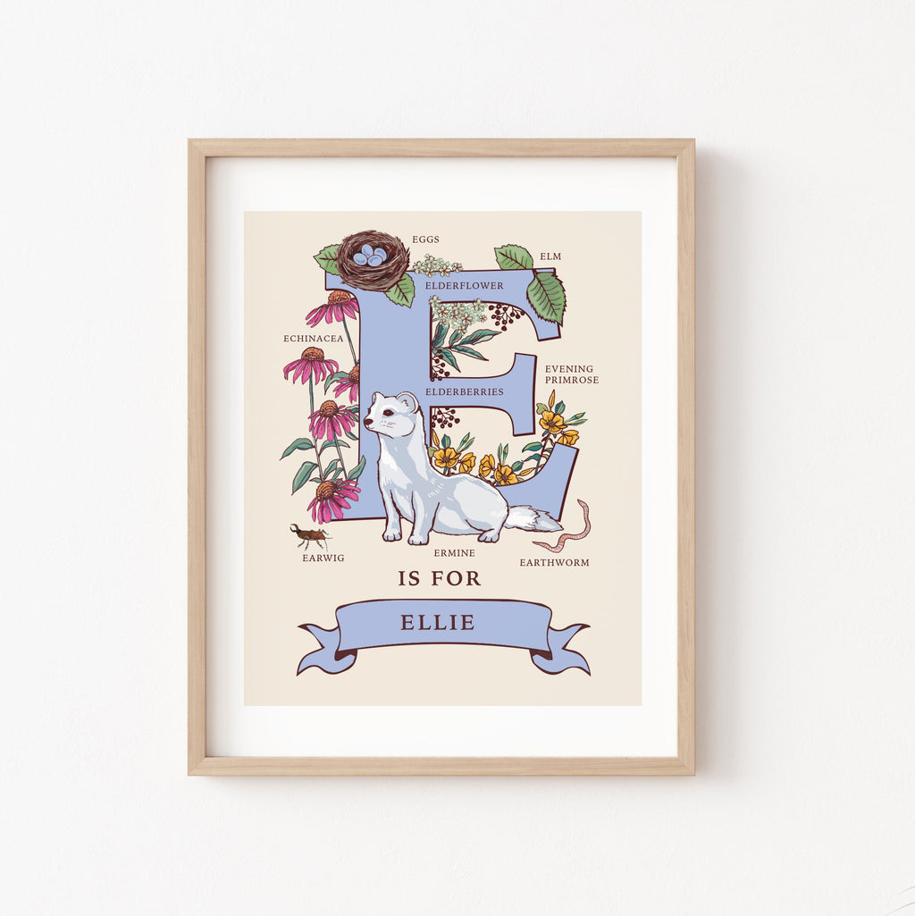 Personalised Monogram Initial Letter E, Nature Guide Wall Art Print