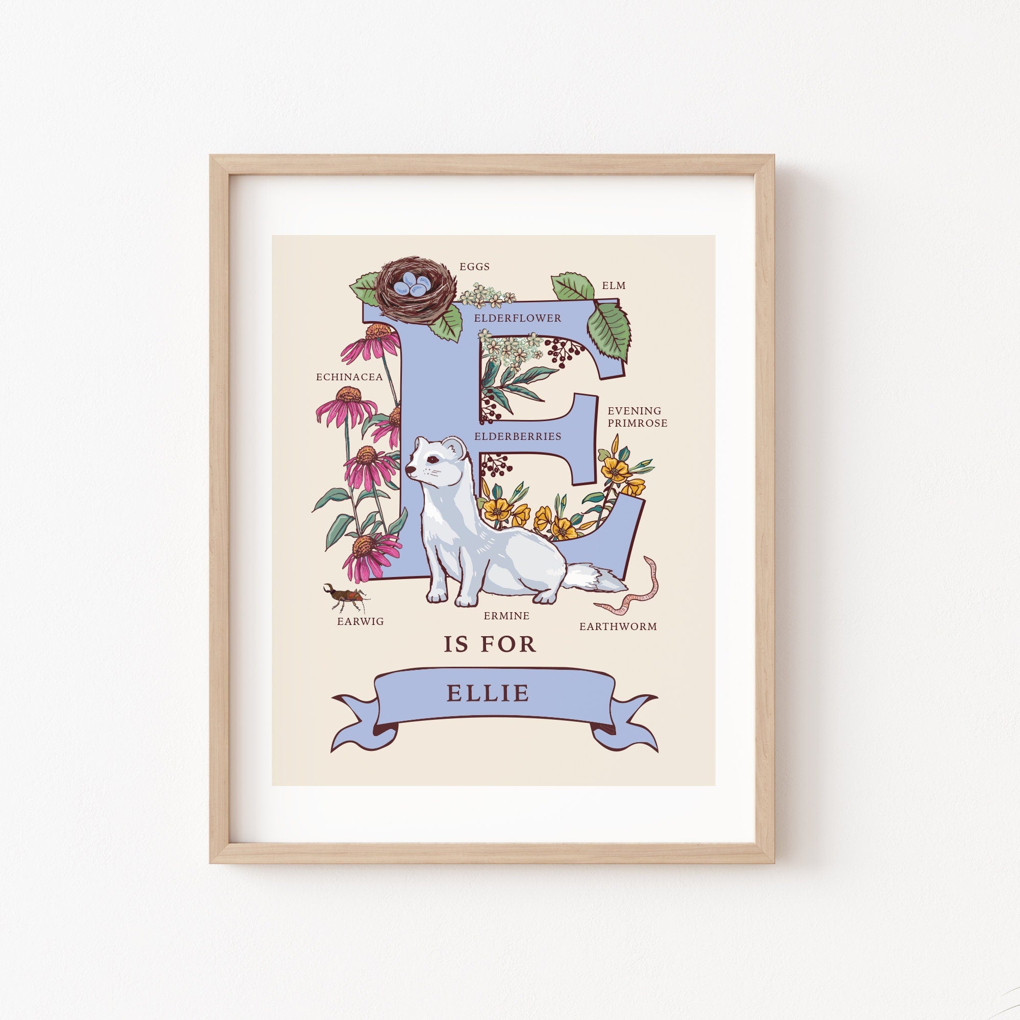 Personalised Monogram Initial Letter E, Nature Guide Wall Art Print