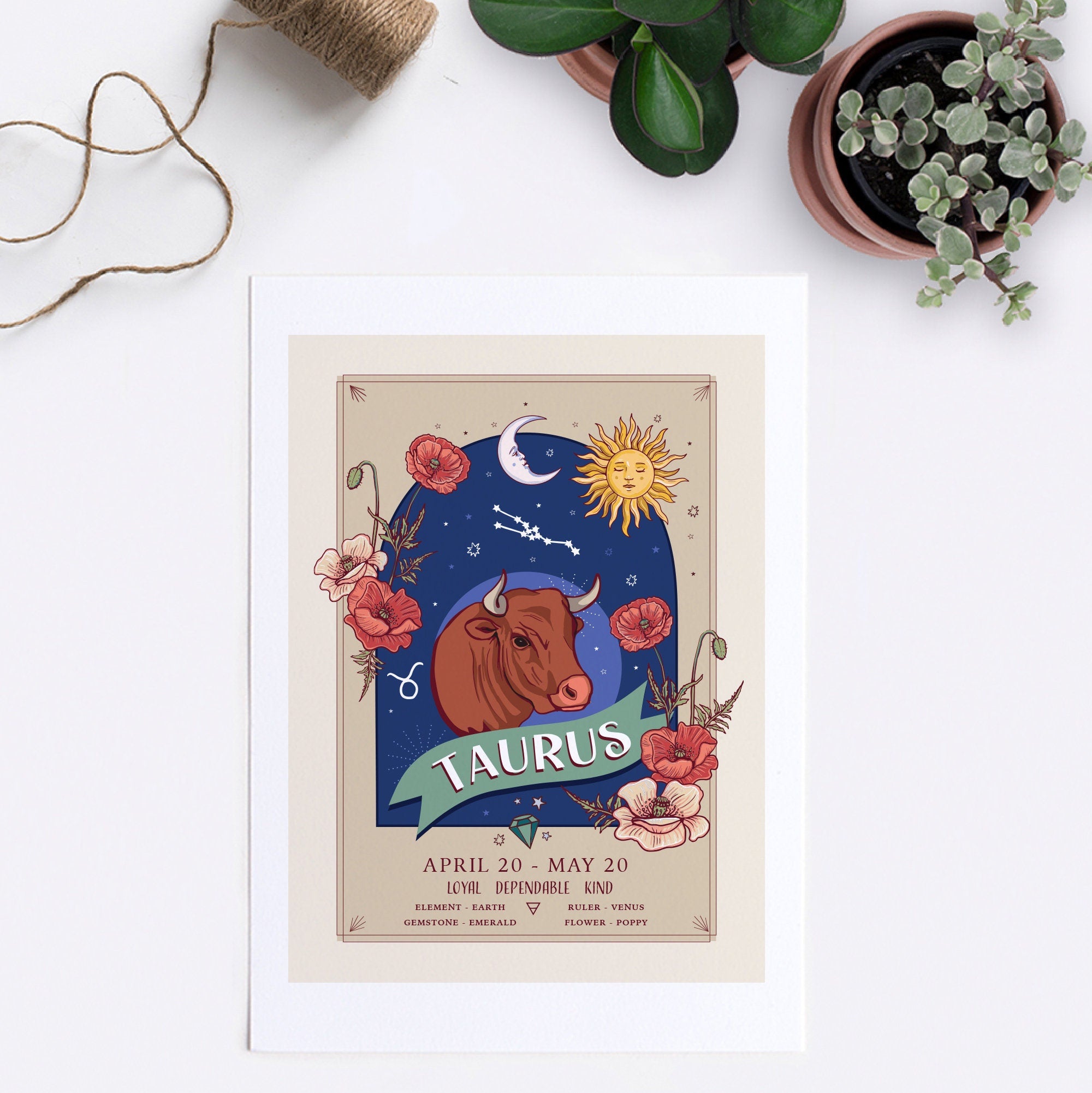 Taurus Wall Art Print, Zodiac Sign and Flowers Illustration Print
