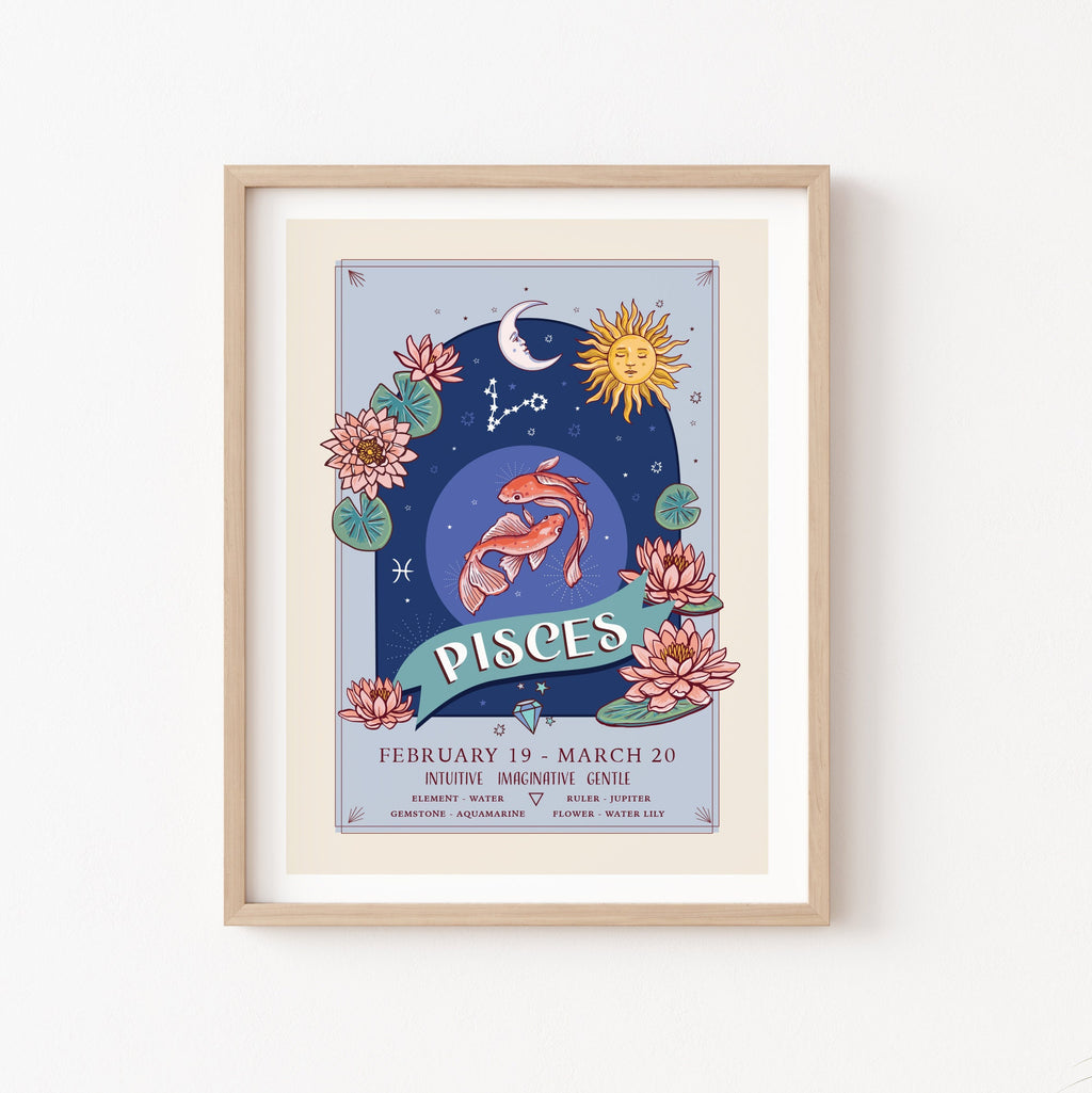 Pisces Wall Art Print, Zodiac Sign and Flowers Illustration Print