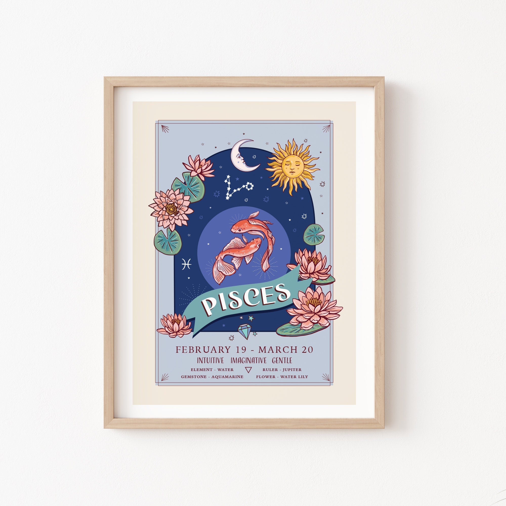 Pisces Wall Art Print, Zodiac Sign and Flowers Illustration Print