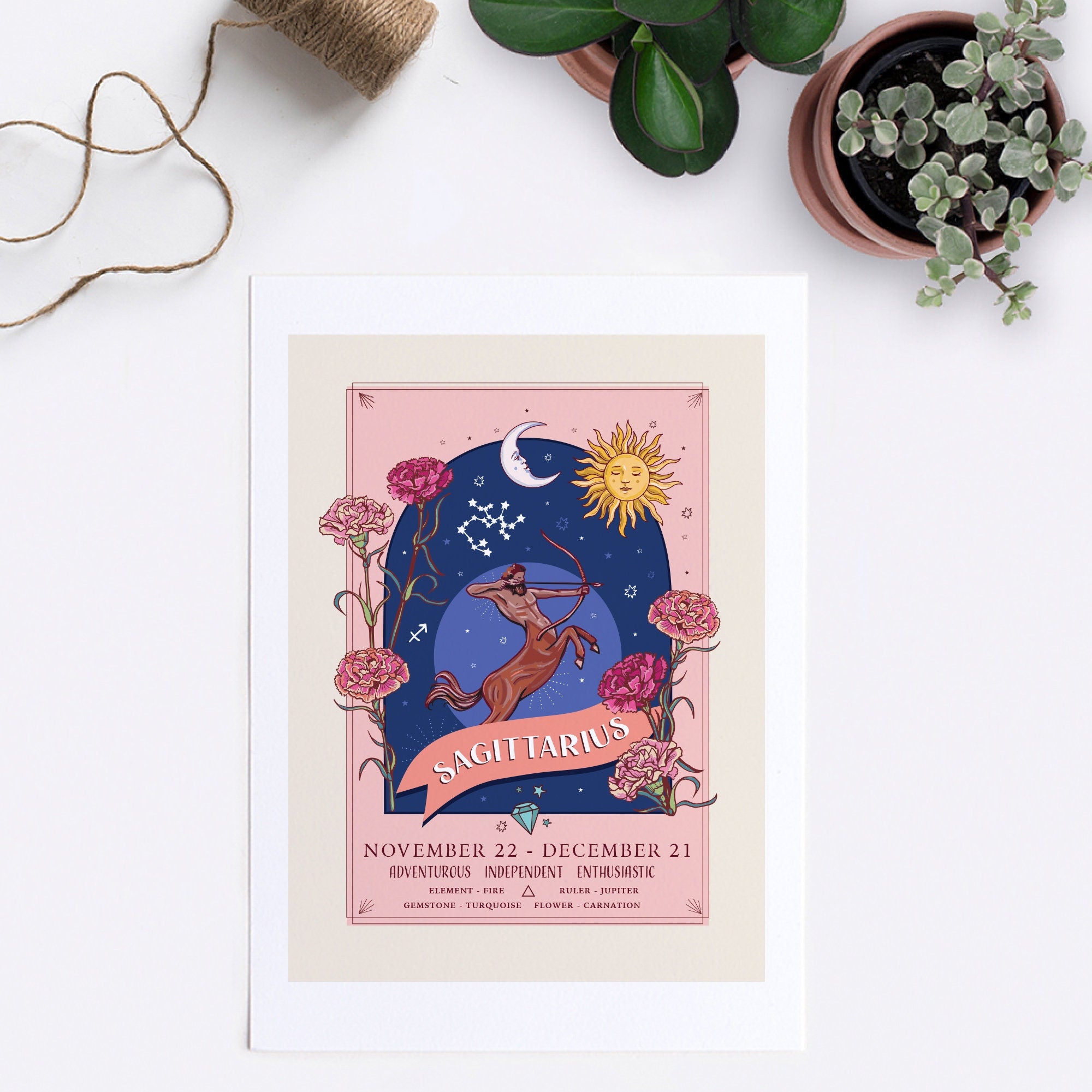 Sagittarius Wall Art Print, Zodiac Sign and Flowers Illustration Print