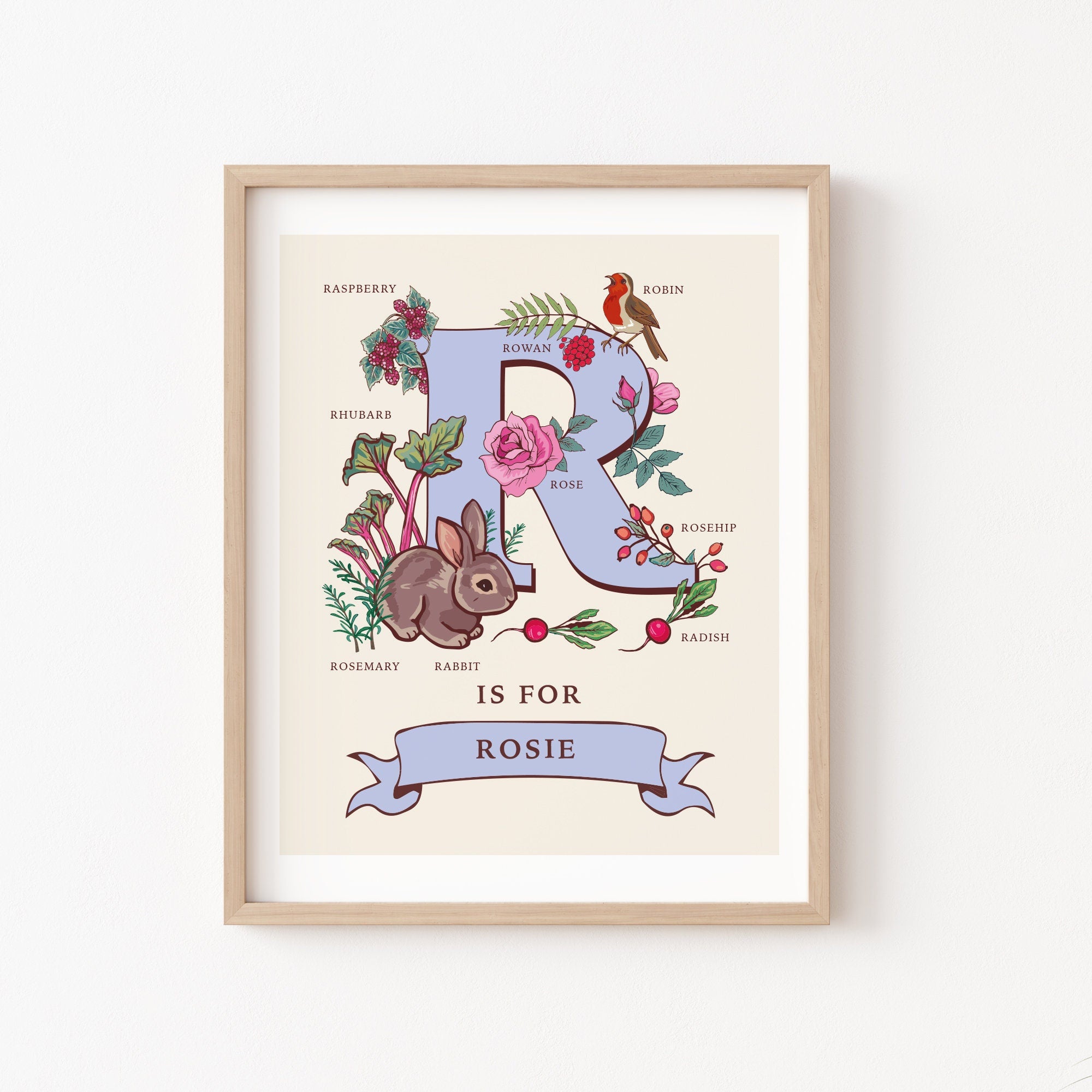R - Personalised Letter R Print, Initial R Wall Art, Nature Guide Monogram Illustration