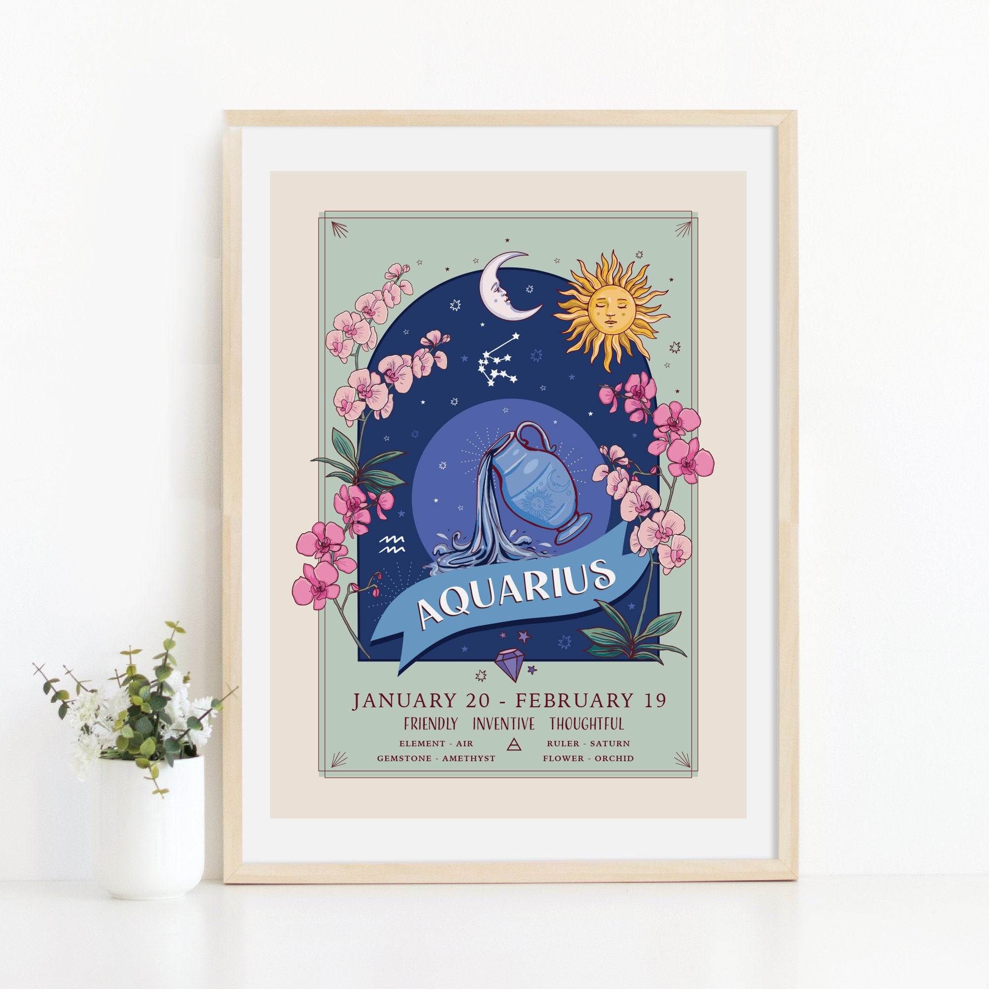 Aquarius Wall Art Print, Zodiac Sign and Flowers Illustration Print