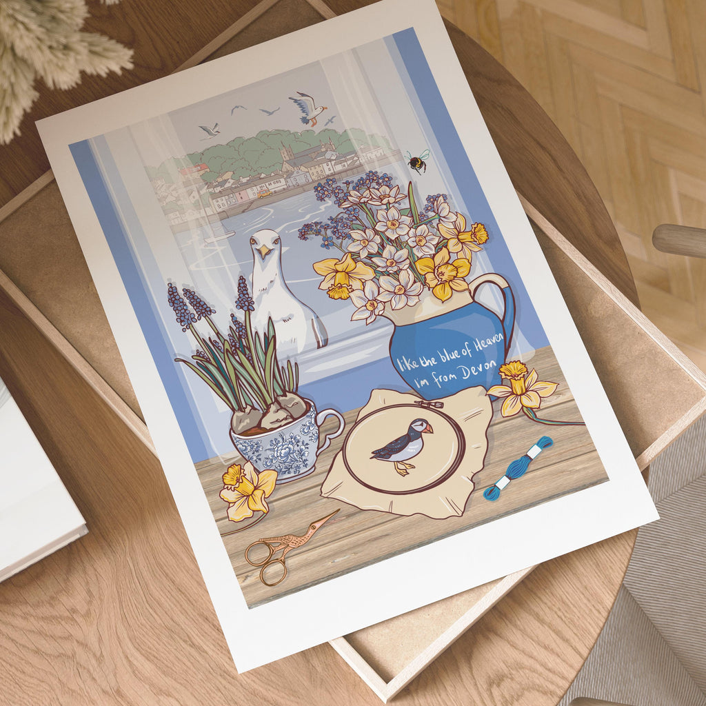 Devon Blue Jug Spring Flowers Wall Art Print, Coastal Seagull Illustration