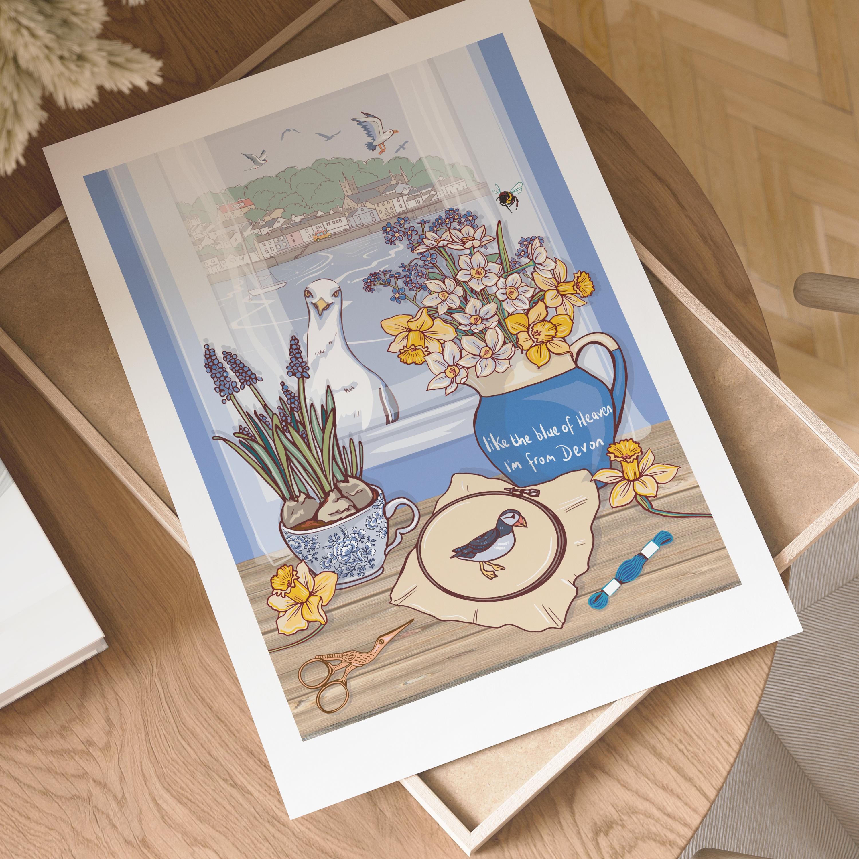 Devon Blue Jug Spring Flowers Wall Art Print, Coastal Seagull Illustration