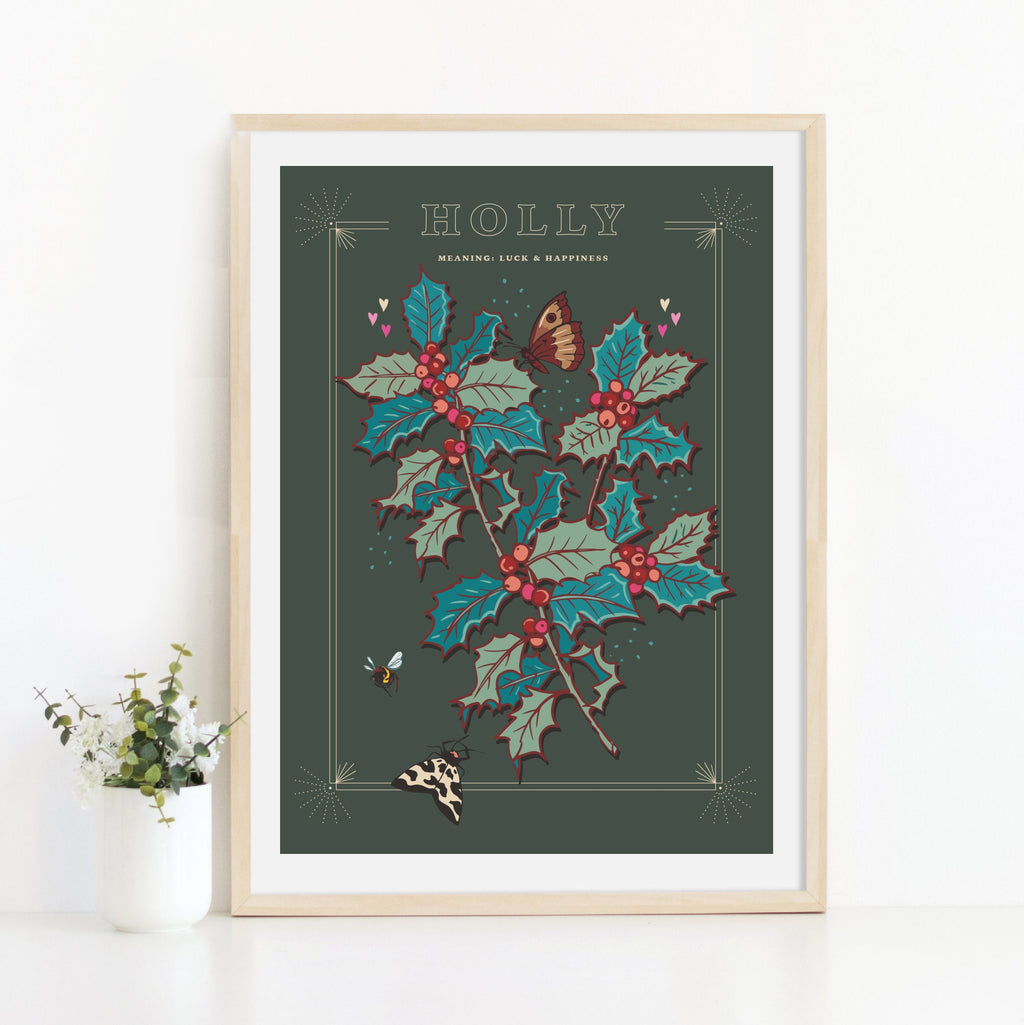 Holly Berries December Birth Month Wall Art Print