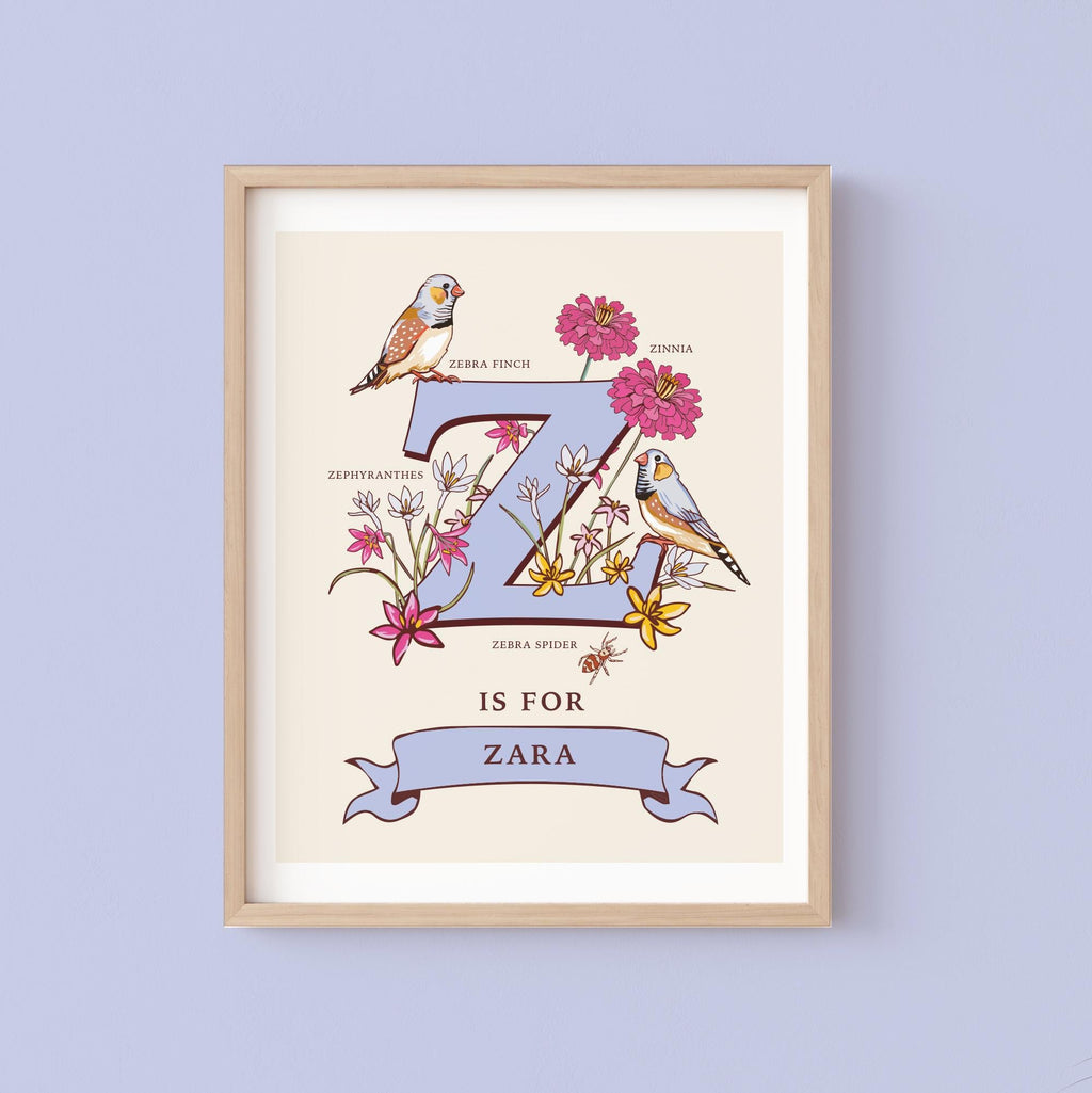 Z - Personalised Letter Z Print, Initial Z Wall Art, Nature Guide Monogram Illustration