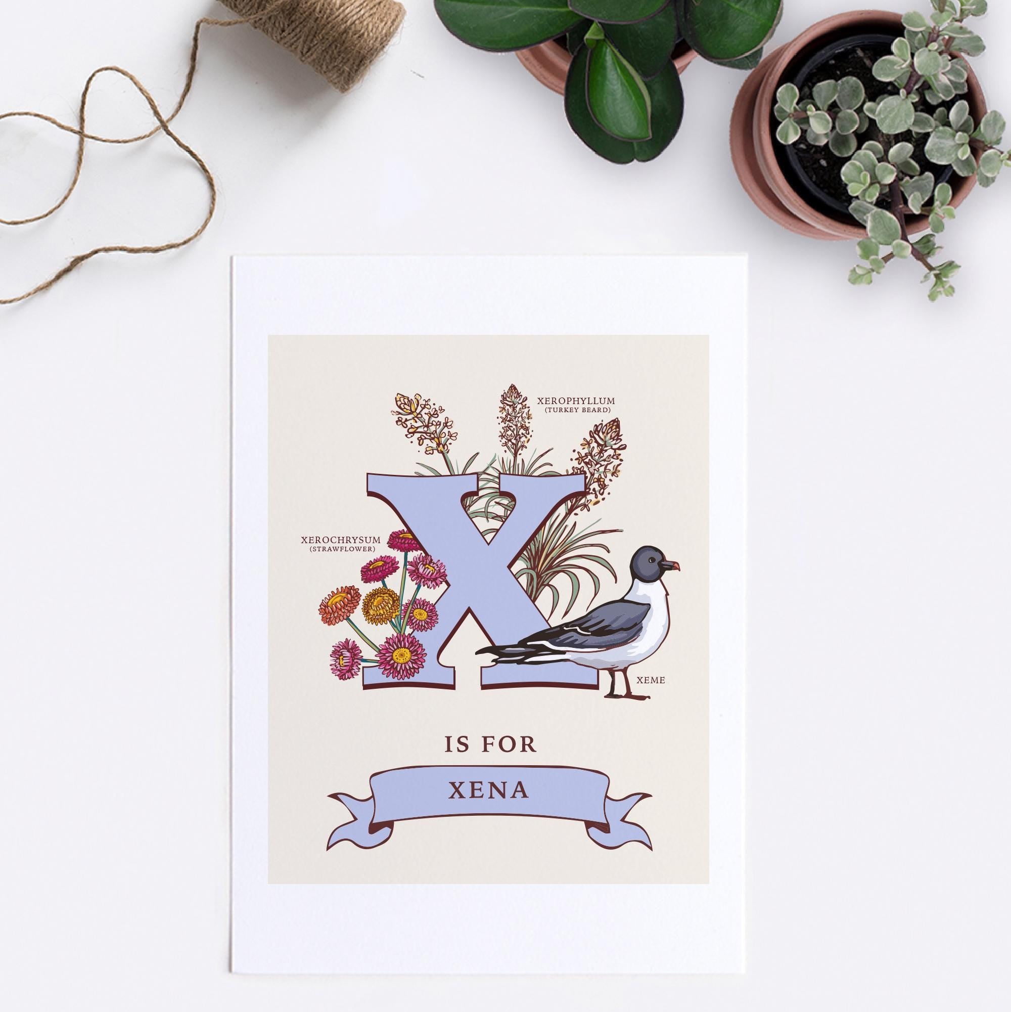 X - Personalised Letter X Print, Initial X Wall Art, Nature Guide Monogram Illustration